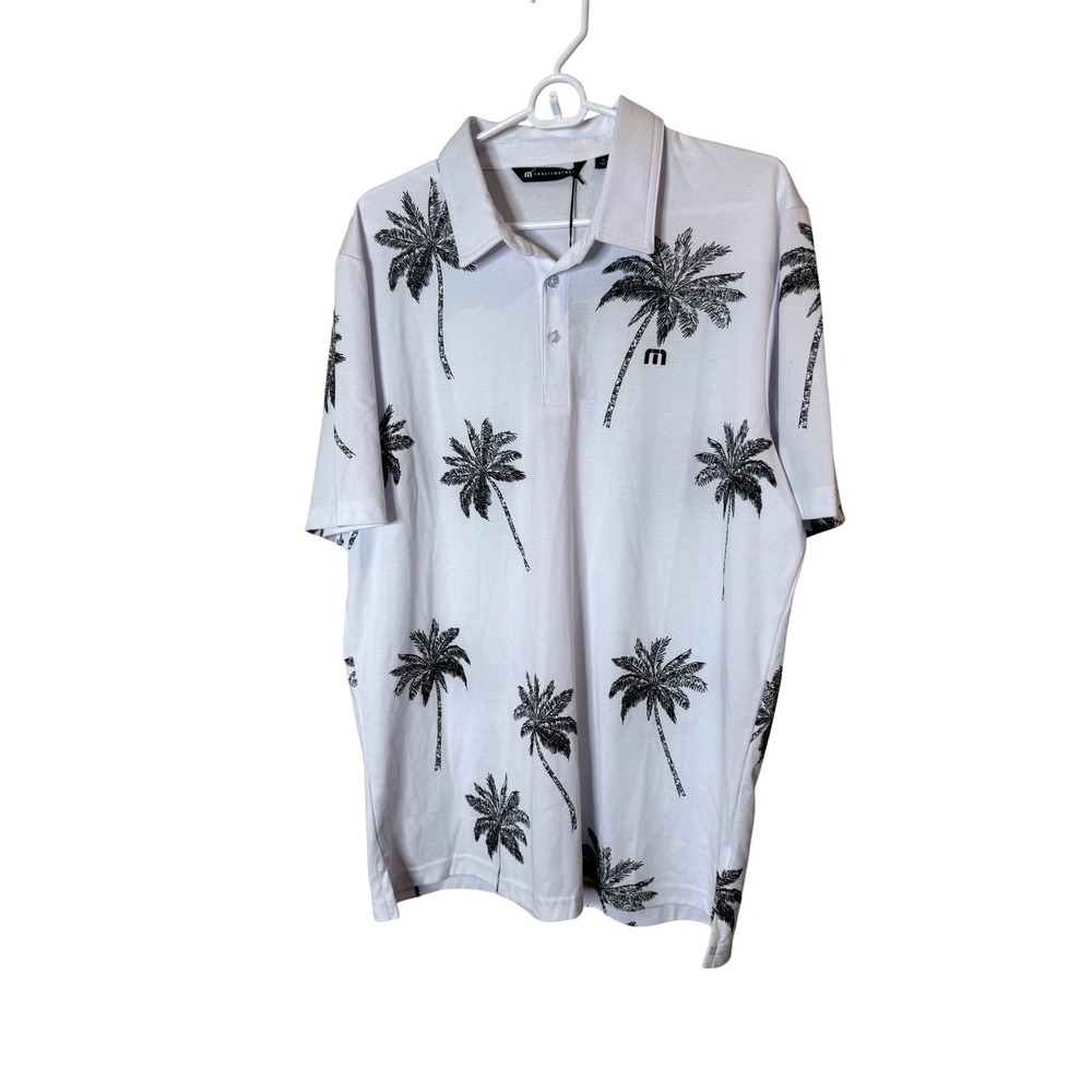 TravisMathew Polo Shirt Mens XL White Palm Tree Print Golf Tropical Short Sleeve - Picture 1 of 8